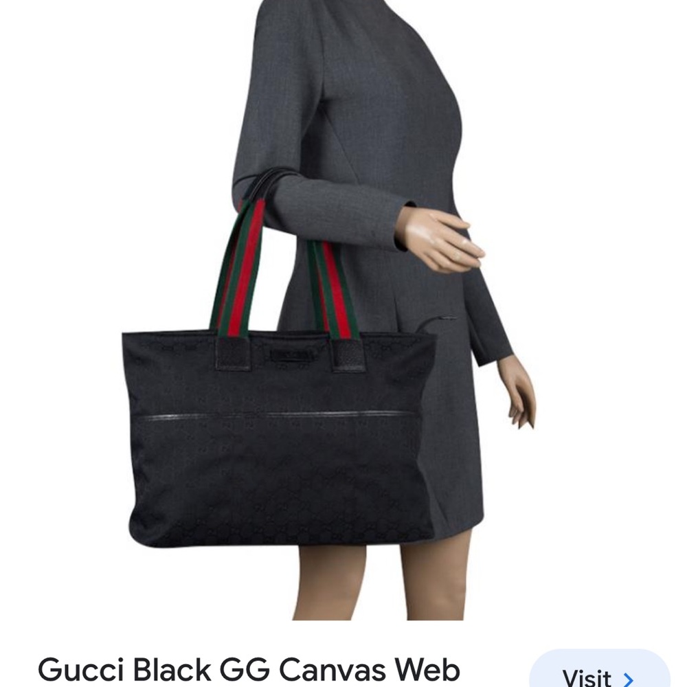 Gucci Black Tote with Signature Red and Green Stripe Handles - Picture 3 of 13